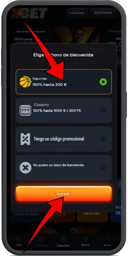 Selección del bono de bienvenida de casino o deportes