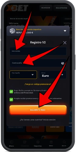Formulario con correo electrónico, contraseña, país y moneda